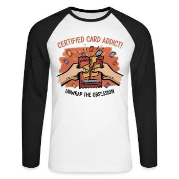 Certified Card Addict Unwrap The Obsession Trading - Unisex Long Sleeve Baseball T-Shirt - white/black - Front - Nik (191cm)