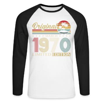 56th Birthday Gift Husband Wife March 1970 - Unisex Long Sleeve Baseball T-Shirt - white/black - Front - Nik (191cm)