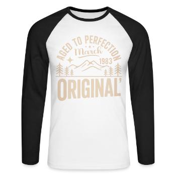 March 1983 – Legend of the Peaks and Mountains - Unisex Long Sleeve Baseball T-Shirt - white/black - Front - Nik (191cm)