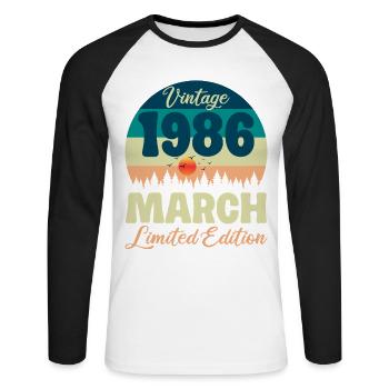 Cadeau d'anniversaire 40 ans 1986 Mars Vintage - T-shirt baseball manches longues Homme - blanc/noir - Devant - Nik (191cm)