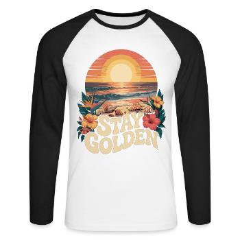 Retro Beach T-Shirt – Sommer & Meer - Unisex Baseballshirt langarm - Weiß/Schwarz - Vorne - Nik (191cm)