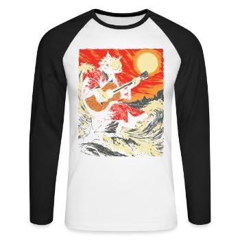 Chat jouant de la guitare, amoureux de la musique rock roll, - T-shirt baseball manches longues Homme - blanc/noir - Devant - Nik (191cm)