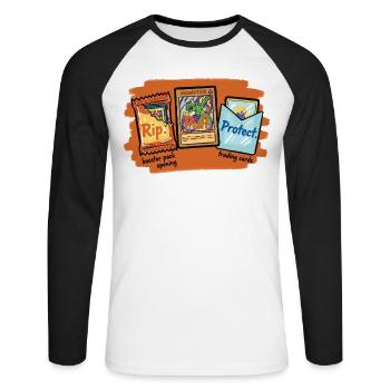 Rip Pull Protect Trading Card Booster Pack Opening - Unisex Long Sleeve Baseball T-Shirt - white/black - Front - Nik (191cm)