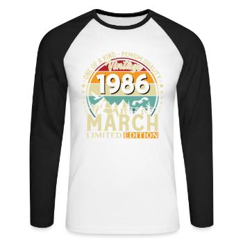 Cadeau de 40e anniversaire Mari Vintage mars 1986 - T-shirt baseball manches longues Homme - blanc/noir - Devant - Nik (191cm)