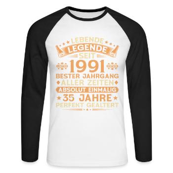 35e anniversaire cadeau de légende vintage 1991 - T-shirt baseball manches longues Homme - blanc/noir - Devant - Nik (191cm)