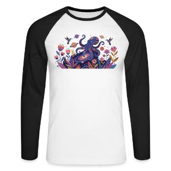 Cosmic Octopus in the Realm of Flowers Abstract Art - Unisex Long Sleeve Baseball T-Shirt - white/black - Front - Nik (191cm)