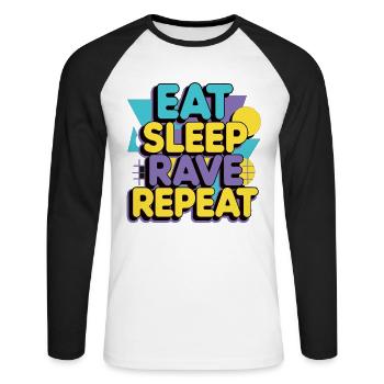 Mange Sommeil Rave Répéte – Techno Party Dicton - T-shirt baseball manches longues Homme - blanc/noir - Devant - Nik (191cm)