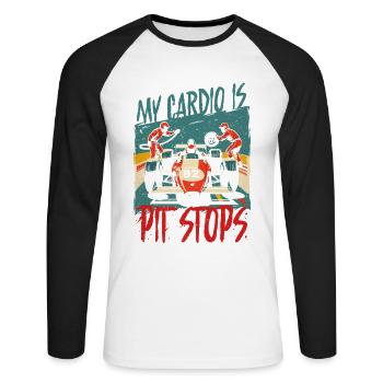Course automobile, sport automobile, mon cardio, ce sont les arrêts aux stands - T-shirt baseball manches longues Homme - blanc/noir - Devant - Nik (191cm)