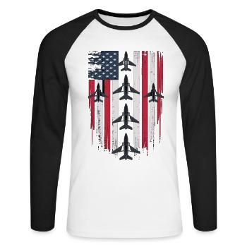 Jet Fighter USA Flagge – Pilot Flugzeug - Unisex Baseballshirt langarm - Weiß/Schwarz - Vorne - Nik (191cm)