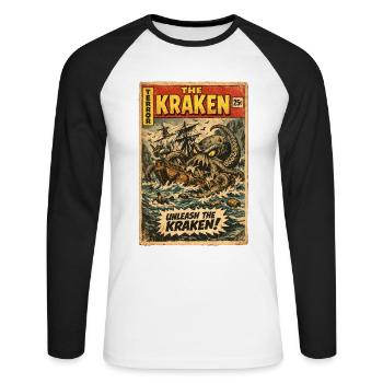 Kraken Seeungeheuer Vintage Comic - Unisex Baseballshirt langarm - Weiß/Schwarz - Vorne - Nik (191cm)