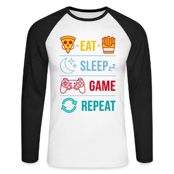 Eat Sleep Game Repeat Gaming Quotes for Gamer - Unisex Long Sleeve Baseball T-Shirt - white/black - Front - Nik (191cm)