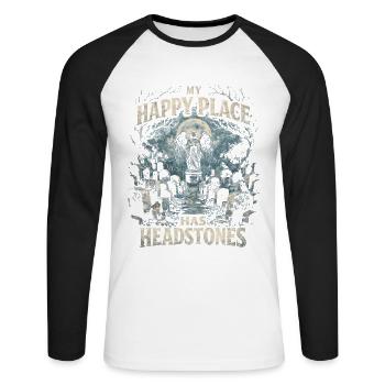 Friedhof Goth Humor My Happy Place Has Headstones - Unisex Baseballshirt langarm - Weiß/Schwarz - Vorne - Nik (191cm)