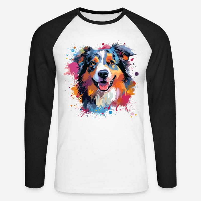 Australian Shepherd Bunte Hunde-Splash-Kunst - Unisex Baseballshirt langarm - Weiß/Schwarz