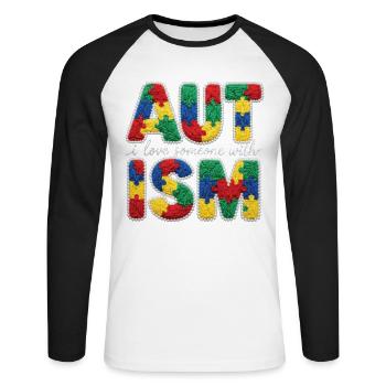 Fausse laine J’aime quelqu’un autiste - T-shirt baseball manches longues Homme - blanc/noir - Devant - Nik (191cm)