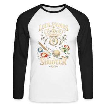 8-Ball Billard Luck Favors The Shooter - Unisex Baseballshirt langarm - Weiß/Schwarz - Vorne - Nik (191cm)