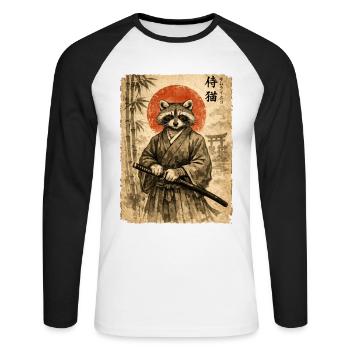 Samurai, Waschbär, Japanische Kunst, Anime - Unisex Baseballshirt langarm - Weiß/Schwarz - Vorne - Nik (191cm)