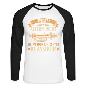 Tubisten altern nicht – Echter Klassiker Tuba - Unisex Baseballshirt langarm - Weiß/Schwarz - Vorne - Nik (191cm)