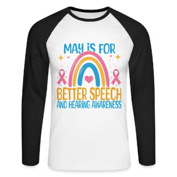 Mai est pour une meilleure prise de conscience de la parole et de l’audition - T-shirt baseball manches longues Homme - blanc/noir - Devant - Nik (191cm)