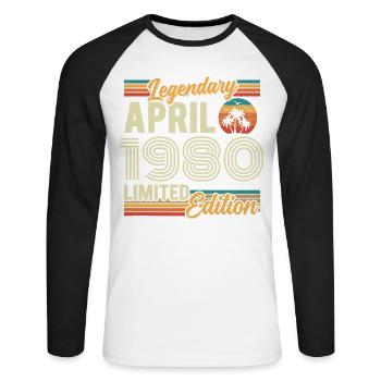 April 1980 46th Anniversary Gift - April 1980 - Unisex Long Sleeve Baseball T-Shirt - white/black - Front - Nik (191cm)