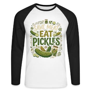 Lustiger Gurken Spruch Save Meat Eat Pickles - Unisex Baseballshirt langarm - Weiß/Schwarz - Vorne - Nik (191cm)
