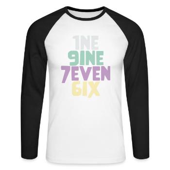 Millésime 1976 - T-shirt baseball manches longues Homme - blanc/noir - Devant - Nik (191cm)