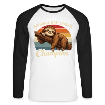 Nap Champion Sloth Shirt Funny Lazy Gift - Unisex Baseballshirt langarm - Weiß/Schwarz - Vorne - Nik (191cm)