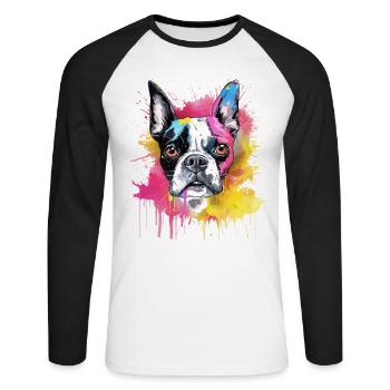 Boston Terrier Bunker Splash Art Hund - Unisex Baseballshirt langarm - Weiß/Schwarz - Vorne - Nik (191cm)