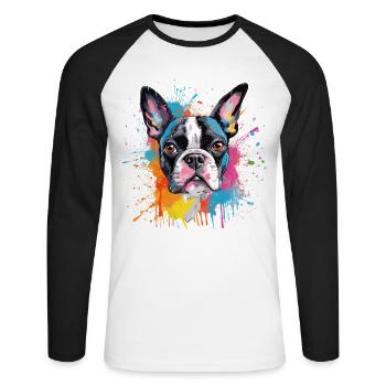 Portrait éclaboussé du Boston Terrier - T-shirt baseball manches longues Homme - blanc/noir - Devant - Nik (191cm)