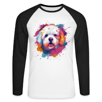 Art éclaboussuré coloré de chien en Bichon Fris - T-shirt baseball manches longues Homme - blanc/noir - Devant - Nik (191cm)