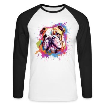 Bulldogge Farbenfrohes Splash Art Dog - Unisex Baseballshirt langarm - Weiß/Schwarz - Vorne - Nik (191cm)