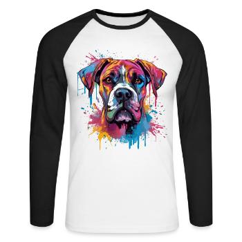 Art éclaboussuré de chien boxer coloré - T-shirt baseball manches longues Homme - blanc/noir - Devant - Nik (191cm)