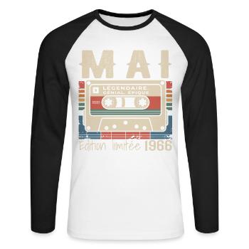 Mai 1966 - T-shirt baseball manches longues Homme - blanc/noir - Devant - Nik (191cm)