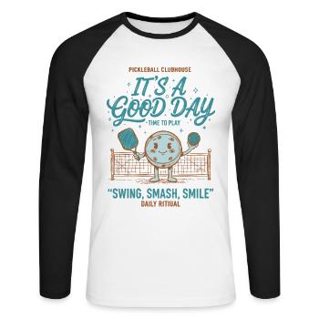 Pickleball-lustiger Spieler – Good Day Time To Play - Unisex Baseballshirt langarm - Weiß/Schwarz - Vorne - Nik (191cm)