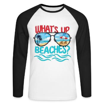 What's Up Beaches Family Vacation Trip Cruising - Unisex Long Sleeve Baseball T-Shirt - white/black - Front - Nik (191cm)