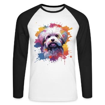 Art éclaboussuré de chien maltais coloré - T-shirt baseball manches longues Homme - blanc/noir - Devant - Nik (191cm)