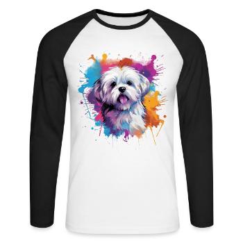 Chien maltais coloré à l’œuvre éclaboussée - T-shirt baseball manches longues Homme - blanc/noir - Devant - Nik (191cm)