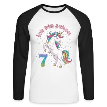 7. Geburtstag Einhorn Mädchen Ich bin schon 7 - Unisex Baseballshirt langarm - Weiß/Schwarz - Vorne - Nik (191cm)