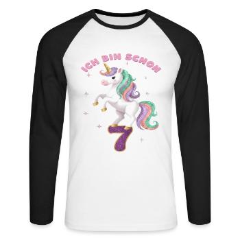 7. Geburtstag Einhorn Mädchen Ich bin schon 7 - Unisex Baseballshirt langarm - Weiß/Schwarz - Vorne - Nik (191cm)