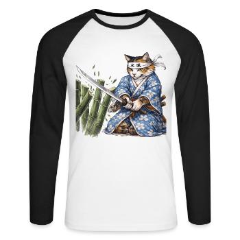 Samurai Cat with Katana – Japanese Ukiyo-e Style - Unisex Long Sleeve Baseball T-Shirt - white/black - Front - Nik (191cm)