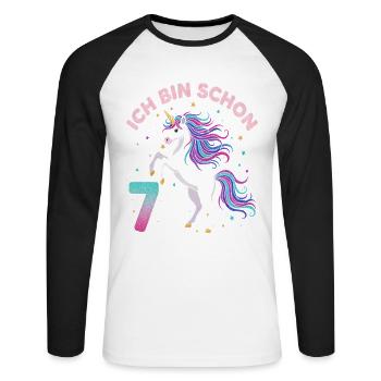 7. Geburtstag Einhorn Mädchen Ich bin schon 7 - Unisex Baseballshirt langarm - Weiß/Schwarz - Vorne - Nik (191cm)