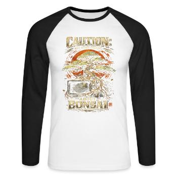 Bonsaibaum Caution May Start Talking About Bonsai - Unisex Baseballshirt langarm - Weiß/Schwarz - Vorne - Nik (191cm)