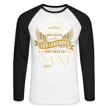 Anniversaire Mai 1971 - T-shirt baseball manches longues Homme - blanc/noir - Devant - Nik (191cm)