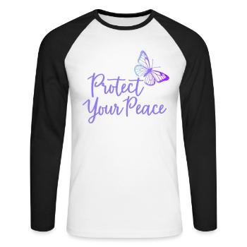 Protégez votre paix papillon paix intérieure - T-shirt baseball manches longues Homme - blanc/noir - Devant - Nik (191cm)