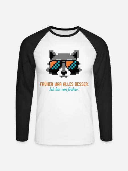 Waschbär Pixel Art Retro Nostalgie - Unisex Baseballshirt langarm - Weiß/Schwarz