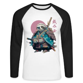 Faultier-Samurai in blauer Rüstung - Unisex Baseballshirt langarm - Weiß/Schwarz - Vorne - Nik (191cm)