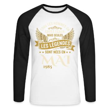 Anniversaire Mai 1985 - T-shirt baseball manches longues Homme - blanc/noir - Devant - Nik (191cm)