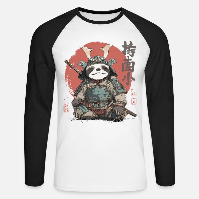 Faultier-Samurai-Rüstung - Unisex Baseballshirt langarm - Weiß/Schwarz