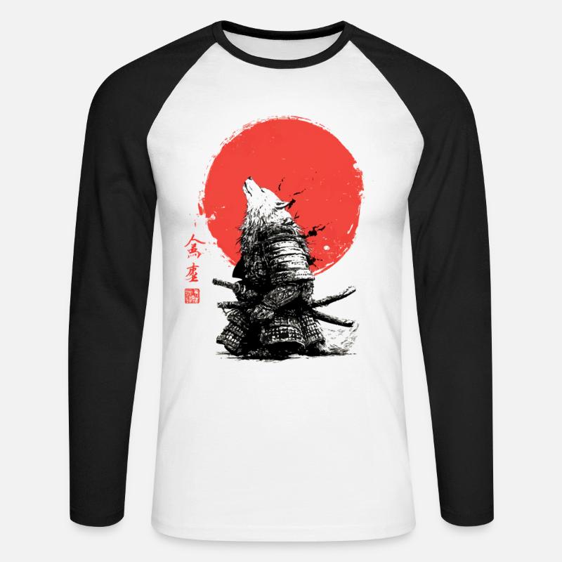 Wolf-Samurai unter Crimson Sun - Unisex Baseballshirt langarm - Weiß/Schwarz