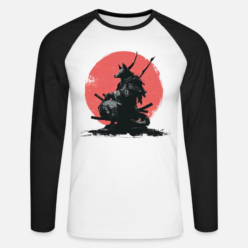 Wolf-Samurai auf Red Sun - Unisex Baseballshirt langarm - Weiß/Schwarz
