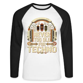 Jamais trop vieux DJ techno musique rétro - T-shirt baseball manches longues Homme - blanc/noir - Devant - Nik (191cm)
